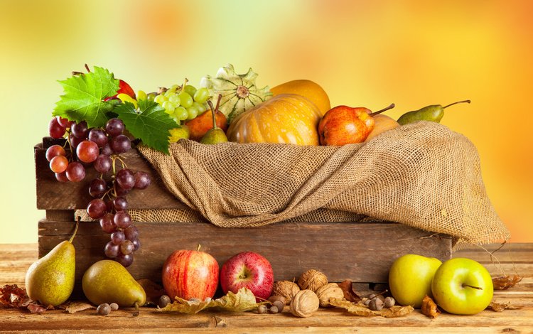 орехи, груши, виноград, ящик, фрукты, мешковина, яблоки, осень, урожай, овощи, тыквы, nuts, pear, grapes, box, fruit, burlap, apples, autumn, harvest, vegetables, pumpkin
