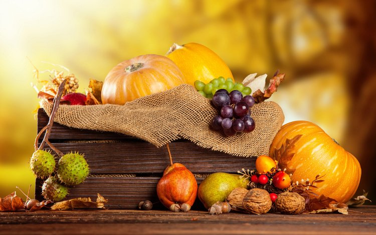 орехи, ящик, виноград, мешковина, фрукты, каштаны, осень, урожай, овощи, тыквы, груши, nuts, box, grapes, burlap, fruit, chestnuts, autumn, harvest, vegetables, pumpkin, pear