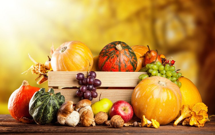 орехи, тыквы, виноград, ящик, фрукты, яблоки, осень, грибы, урожай, овощи, nuts, pumpkin, grapes, box, fruit, apples, autumn, mushrooms, harvest, vegetables