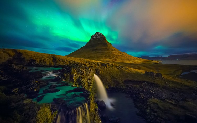 водопад, исландия, aurora borealis, киркьюфетль, waterfall, iceland, kirkjufell