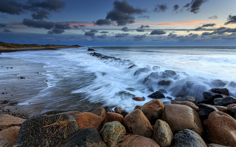 камни, берег, волны, закат, пейзаж, море, дания, stones, shore, wave, sunset, landscape, sea, denmark