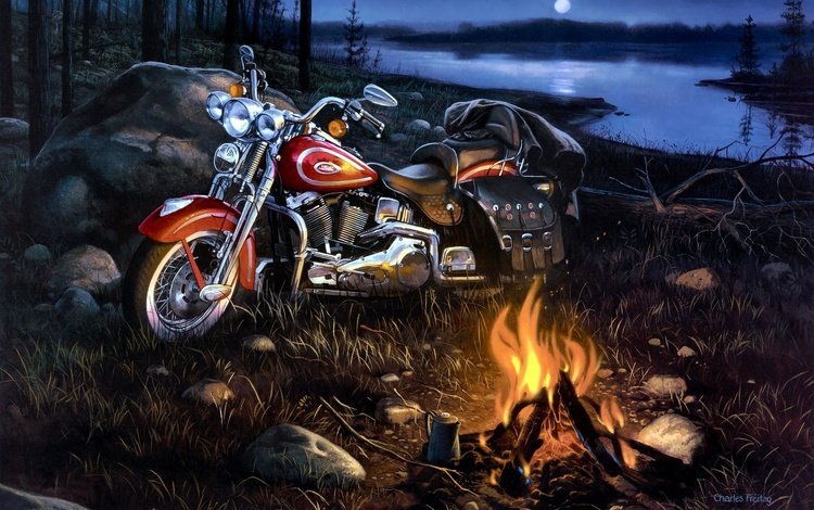 арт, река, пейзаж, мотоцикл, костёр, harley-davidson, art, river, landscape, motorcycle, the fire