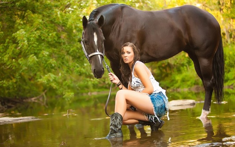 вода, девушка, лето, взгляд, конь, речка, на природе, cowgirl, грин, green, water, girl, summer, look, horse, river, nature