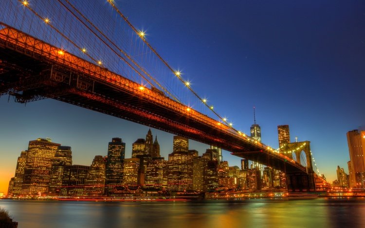 ночь, огни, город, сша, нью-йорк, new york city, бруклинский мост, бруклин, бруклин бридж, night, lights, the city, usa, new york, brooklyn bridge, brooklyn