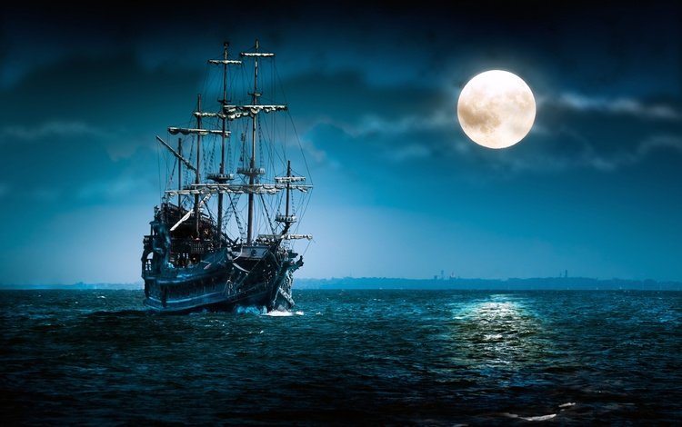море, луна, фрегат, sea, the moon, frigate