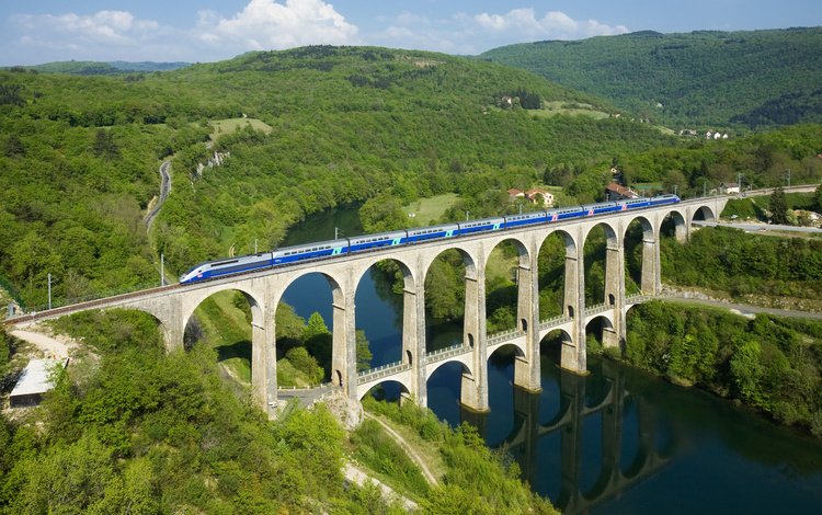 река, лес, мост, поезд, франция, cize-bolozon viaduct, river, forest, bridge, train, france