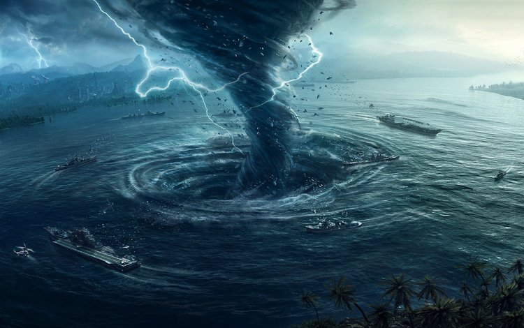 вода, корабли, молния, графика, смерч, 3д, water, ships, lightning, graphics, tornado, 3d