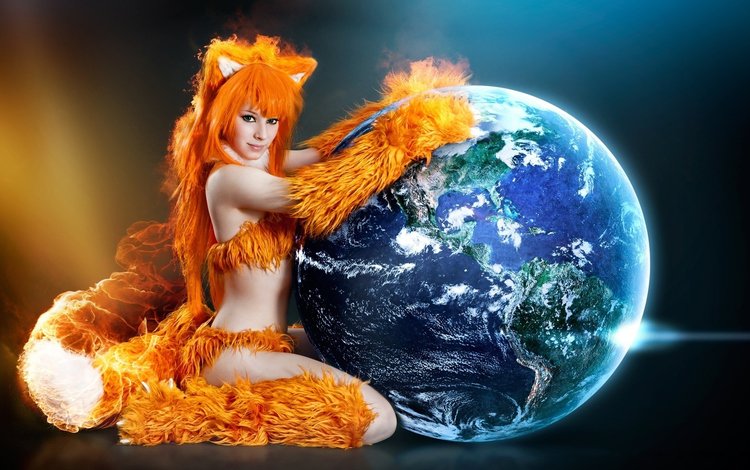 фаерфокс, огненная лисица, девушка в костюме лисицы, обнимает планету, firefox, fire fox, a girl dressed as a fox, hugging the planet