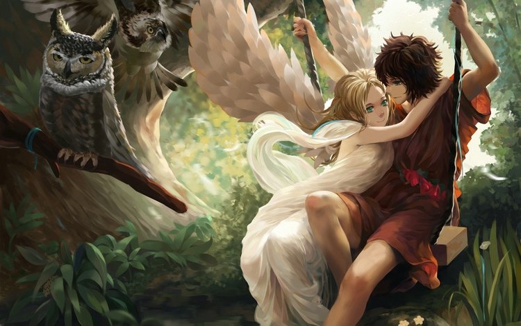 арт, лес, девушка, парень, крылья, ангел, качели, liuruoyu8888, art, forest, girl, guy, wings, angel, swing