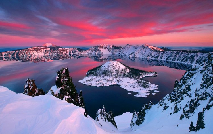 небо, облака, озеро, горы, снег, закат, остров, зарево, the sky, clouds, lake, mountains, snow, sunset, island, glow