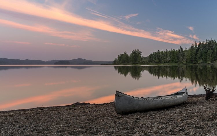 озеро, лес, пляж, рассвет, лодка, lake, forest, beach, dawn, boat