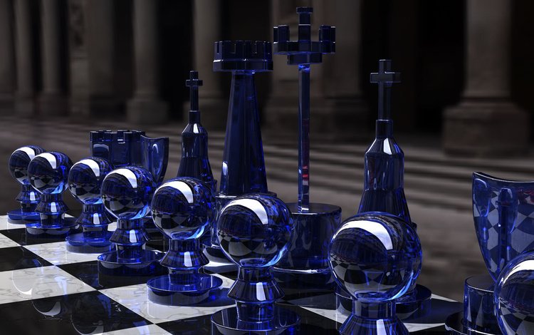 шахматы, игра, стратегия, chess set, blue side, ренденринг, cтекло, chess, the game, strategy, rendering, glass