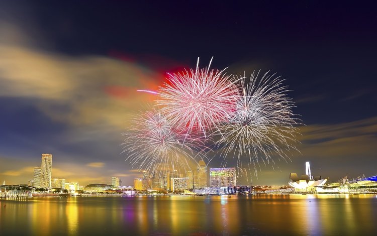 ночь, огни, море, салют, город, фейерверк, сингапур, night, lights, sea, salute, the city, fireworks, singapore