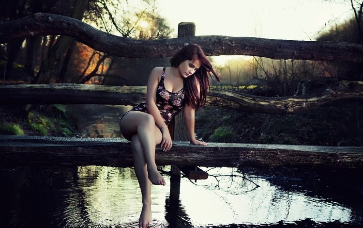 природа, мостик, девушка, водоем, деревянный, nature, the bridge, girl, pond, wooden