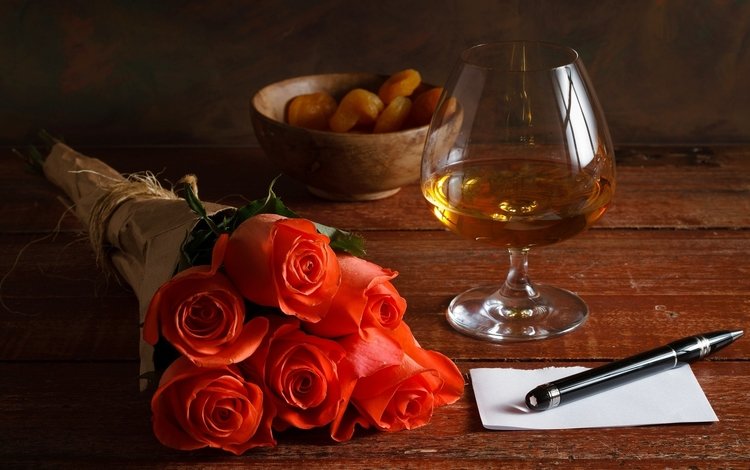 ручка, розы, красные, лист, бокал, коньяк, курага, handle, roses, red, sheet, glass, cognac, dried apricots