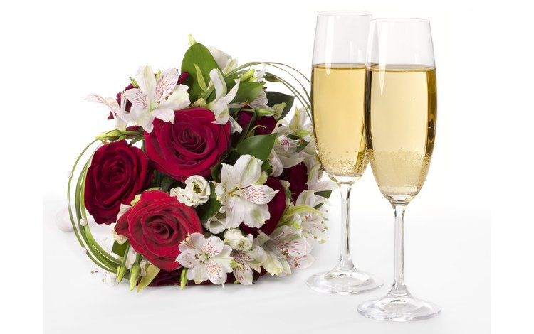 цветы, цветок, розы, букет, бокалы, шампанское, flowers, flower, roses, bouquet, glasses, champagne