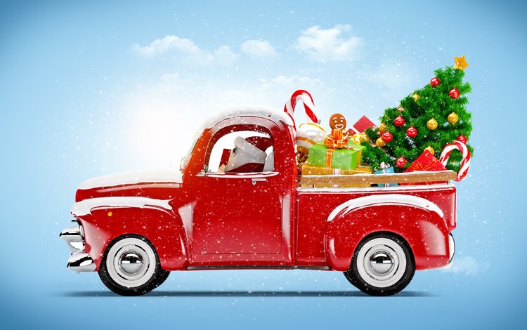 елка, украшения, машина, красная, подарки, дед мороз, tree, decoration, machine, red, gifts, santa claus