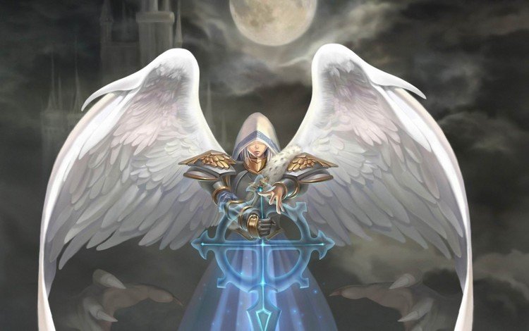 арт, луна, крылья, ангел, капюшон, natsuki-3, heroes of might and magic, art, the moon, wings, angel, hood