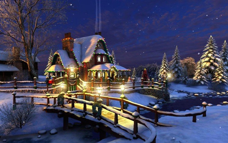 ночь, зима, звезды, рождество, коттедж, bridge to the cottage, night, winter, stars, christmas, cottage