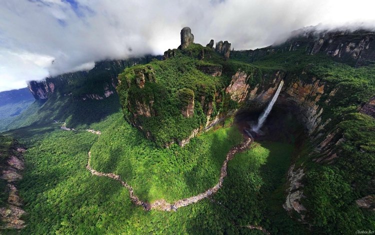 река, горы, природа, пейзаж, водопад, зелёные горы, венесуэла, водопад анхель, river, mountains, nature, landscape, waterfall, green mountain, venezuela, angel falls