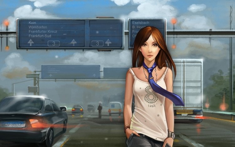 авто, стоит, девушка в майке с галстуком, на дороге в окружении, auto, is, the girl in the shirt with a tie, on the road surrounded by