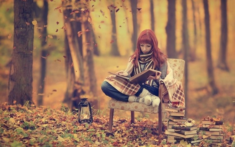 лес, девушка, книги, forest, girl, books