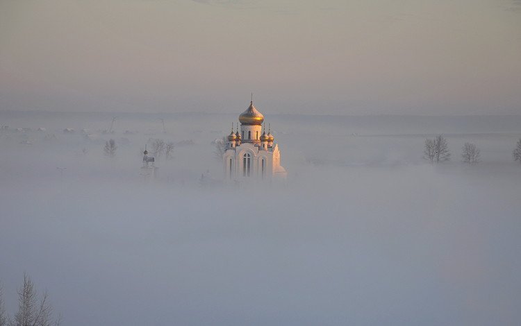 храм, пейзаж, туман, купола, temple, landscape, fog, dome