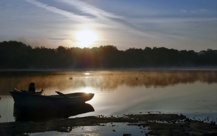 озеро, утро, туман, лодка, lake, morning, fog, boat