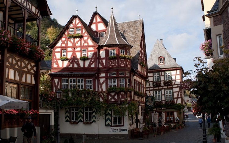 германия, бахарах, фахверковые дома, germany, bacharach, half-timbered houses