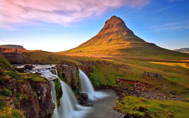 река, пейзаж, гора, водопад, исландия, kirkjufellsfoss, river, landscape, mountain, waterfall, iceland