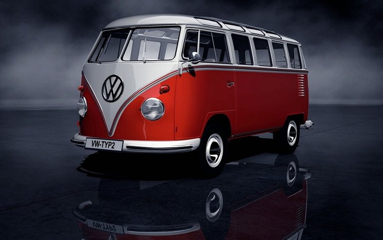 отражение, ретро, игрушка, красно-белый, микроавтобус, reflection, retro, toy, red-white, minibus