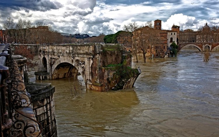 река, римский мост, руины, италия, старый, рим, древний, потоки воды, тибр, river, ruins, italy, old, rome, ancient, water flows, the tiber