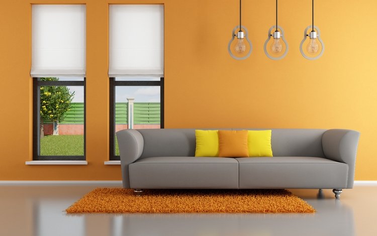 интерьер, стильный дизайн, подушки, минималистский, оранжевый, окно, апельсин, диван, гостиная, кушетка, pillows, interior, stylish design, pillow, minimalist, orange, window, sofa, living room, couch
