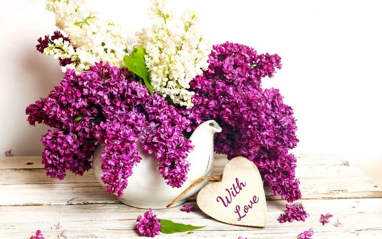 цветы, с любовью, надпись, сердце, весна, букет, ваза, сирень, фиолетовые, flowers, with love, the inscription, heart, spring, bouquet, vase, lilac, purple