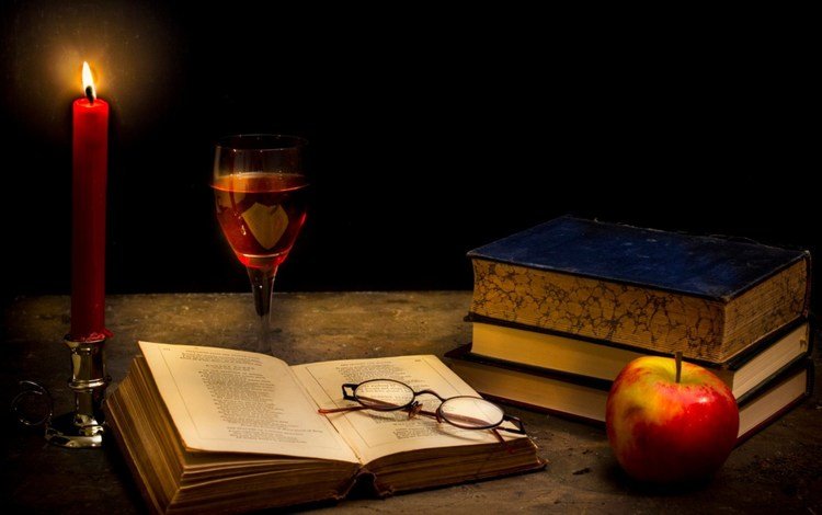 очки, книги, бокал, яблоко, свеча, glasses, books, glass, apple, candle