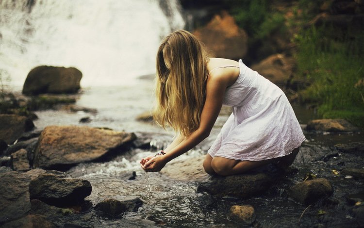 вода, камни, девушка, блондинка, ручей, water, stones, girl, blonde, stream