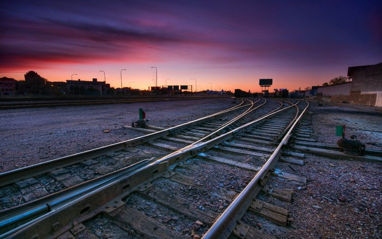 железная дорога, рельсы, закат, город, railroad, rails, sunset, the city