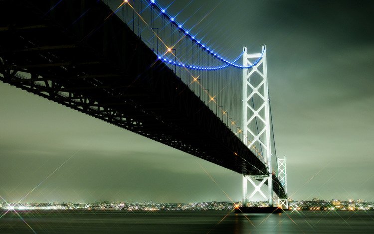 огни, город, япония, акаси-кайке мост, lights, the city, japan, akashi-kaikyo bridge