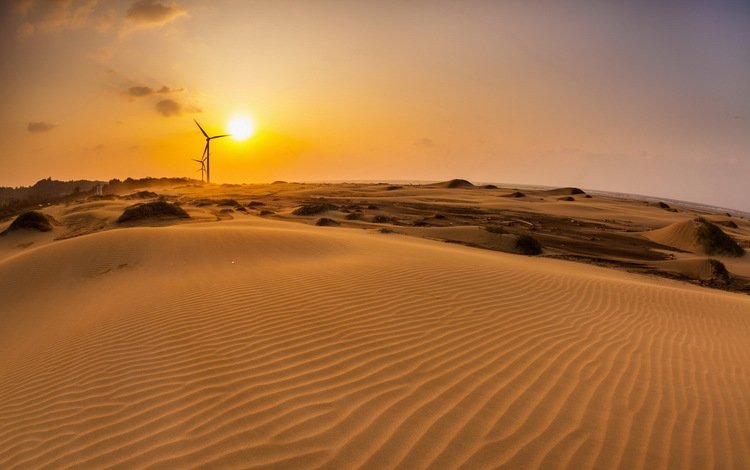 небо, солнце, закат, пейзаж, песок, горизонт, пустыня, ветряки, the sky, the sun, sunset, landscape, sand, horizon, desert, windmills