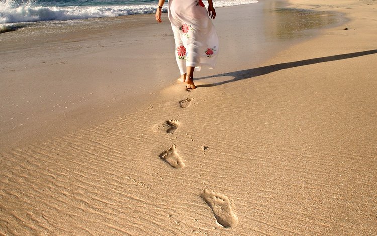 девушка, пляж, ноги, следы, прогулка, girl, beach, feet, traces, walk