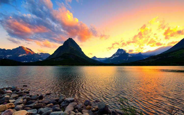 озеро, горы, камни, закат, lake, mountains, stones, sunset