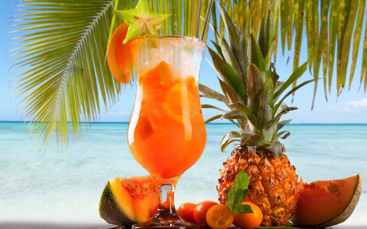 море, фрукты, бокал, пальма, апельсин, тропики, ананас, сок, sea, fruit, glass, palma, orange, tropics, pineapple, juice