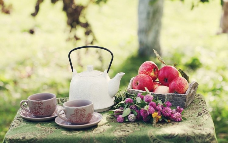 цветы, яблоки, чай, чайник, flowers, apples, tea, kettle
