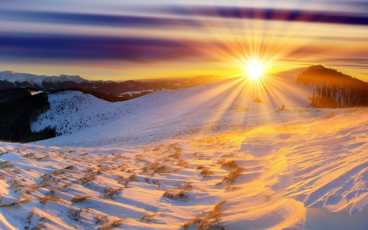 горы, солнце, снег, зима, рассвет, солнечные лучи, mountains, the sun, snow, winter, dawn, the sun's rays