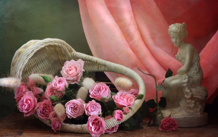 цветы, розы, статуэтка, букет, корзинка, flowers, roses, figurine, bouquet, basket