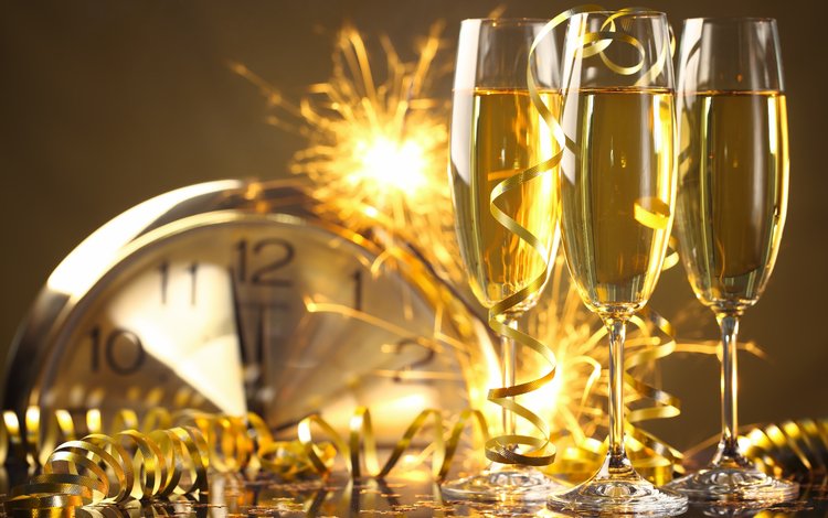 часы, праздник, шампанское, фужеры, watch, holiday, champagne, glasses