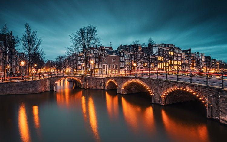 вечер, река, мост, нидерланды, амстердам, the evening, river, bridge, netherlands, amsterdam