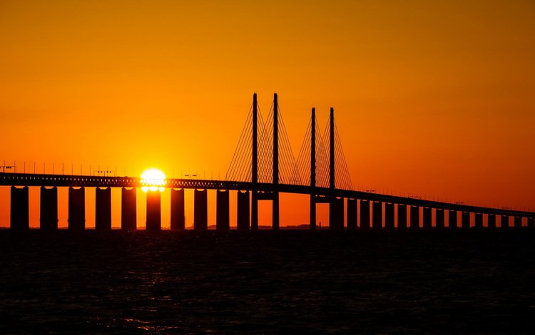 закат, мост, дания, эресуннский, sunset, bridge, denmark, öresund