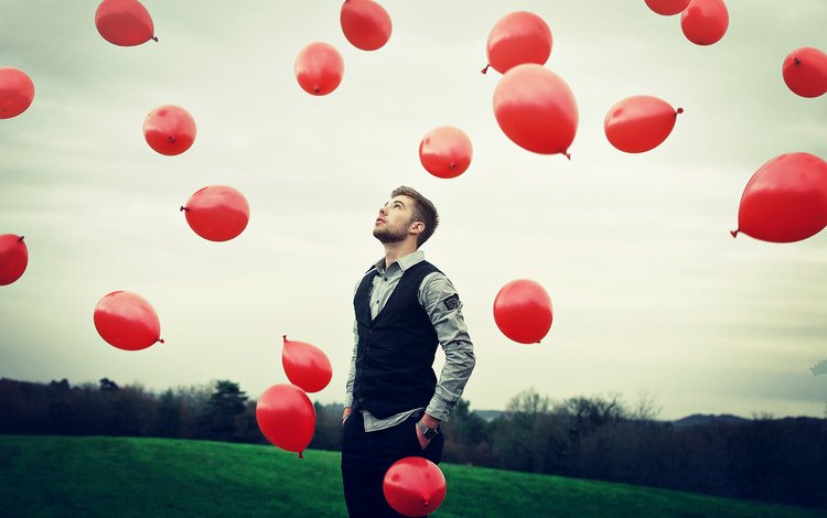 небо, настроение, парень, воздушные шарики, the sky, mood, guy, balloons