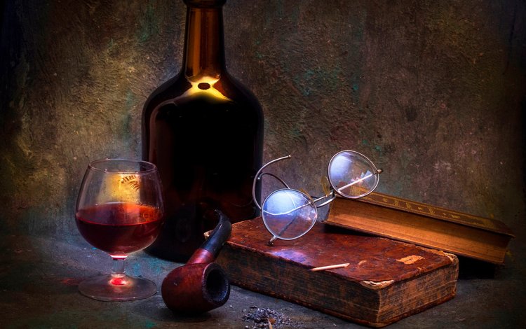 очки, книги, бокал, вино, трубка, бутылка, алкоголь, натюрморт, glasses, books, glass, wine, tube, bottle, alcohol, still life